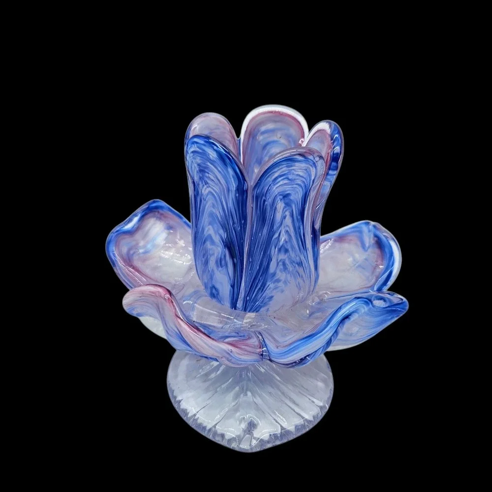 End of Day Art Glass Flower Candle Holder Swirl Pink Blue 3